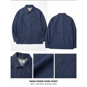 Uniqlo Jacket Mens L Blue Denim Chore Workwear Button Linen Blend Utility